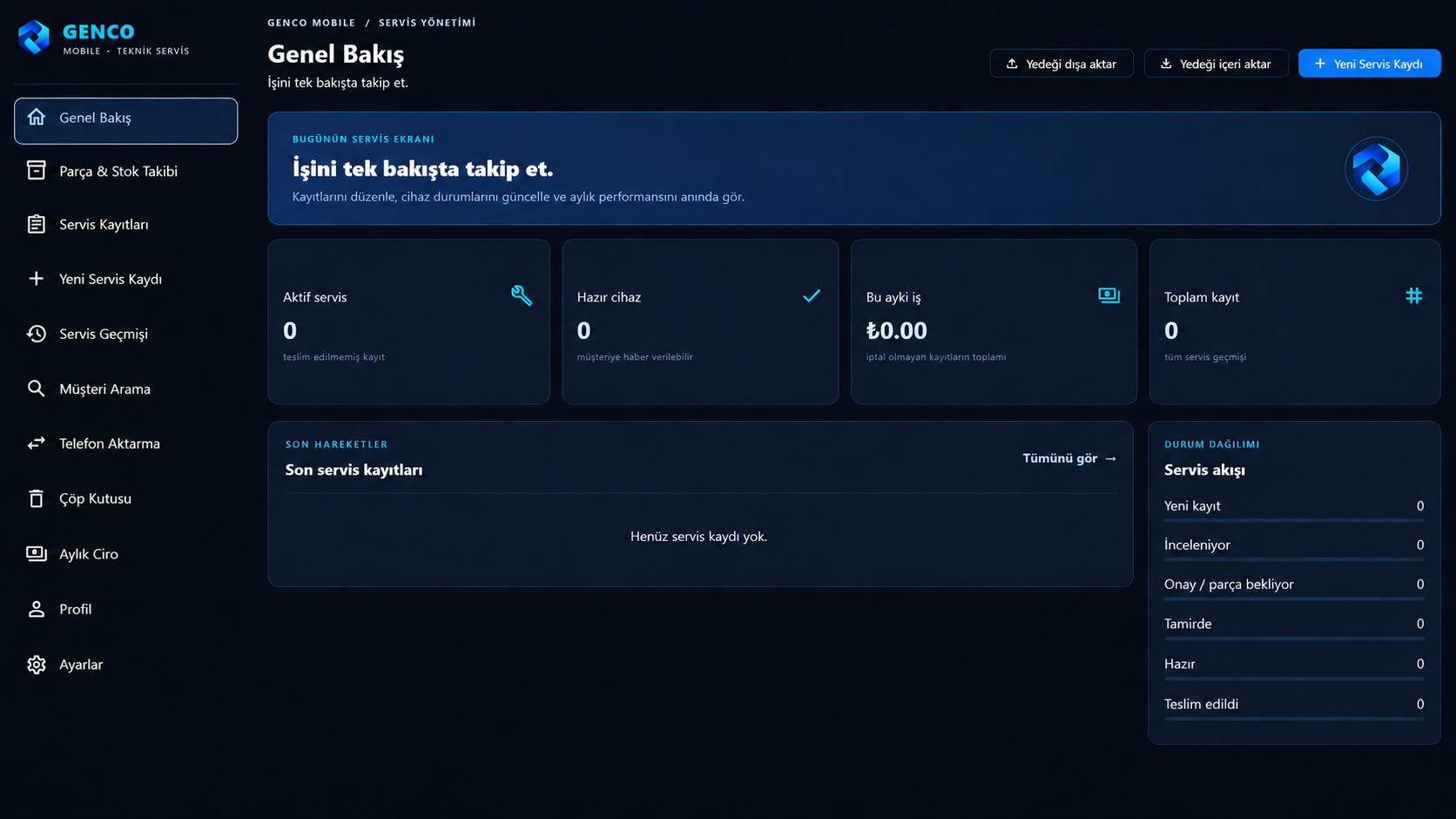 Genco Mobile Genel Bakış: servis durumları, son kayıtlar ve aylık iş özeti